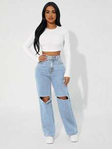 SHEIN PETITE Ripped Denim Jeans, Fashionable Design Suitable For Summer - Light Wash - View 4