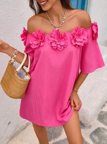 Vivid Eden Women's Casual Vacation Solid Color Woven Off Shoulder 3D Floral Loose Mini  Dress ,Beach Vacation Outfits,Sun Dresses For Women,Summer Outfits For Women,Summer Dresses For Women,Honeymoon Outfits Women,Island Vacation Outfits - Pink - View 7