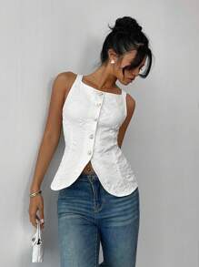 Gloray Ärmellose, elegante Damen Bluse mit Perlknöpfen vorn