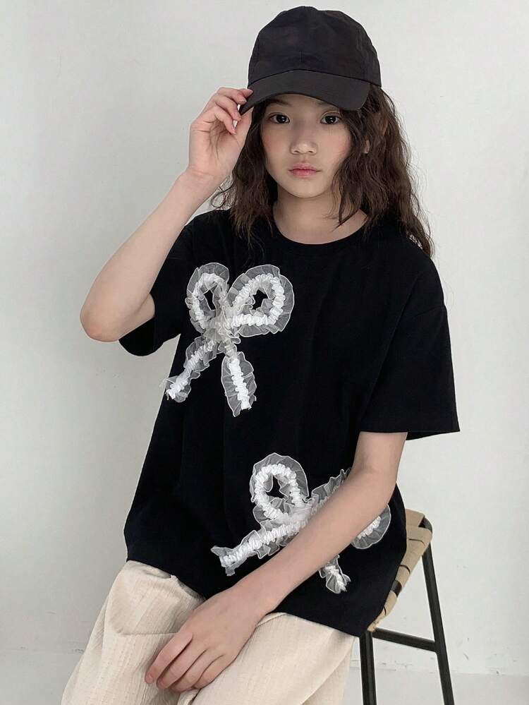 Tween Girl Casual Round Neck Bow Decor Short Sleeve T-Shirt, Summer, Back To School Clothes
