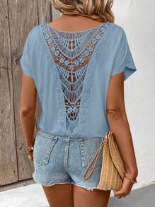 Breezaya Áo thun tay cánh dơi phối ren màu trơn đơn giản cho kỳ nghỉ - Màu xanh lam - Xem 1