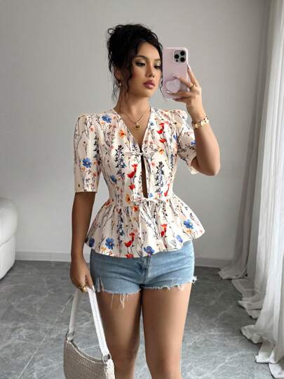 Elenzga Blusa casual de mujer con estampado floral, manga farol y lazo en la cintura