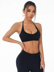 Women Plain Seamless Sports Bra With Halter