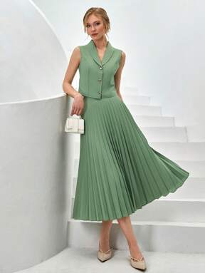 SHEIN 2 Stücke elegantes einfarbiges Set aus Weste und plissiertem Rock, Sommer