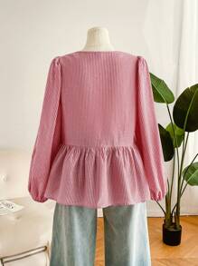 CosyJoli 大码女装春秋时尚休闲宽松舒适日常粉色条纹长袖蝴蝶结衬衫，女式衬衫，母女装，度假，可爱上衣，情人节 - 紅色 - 查看 2