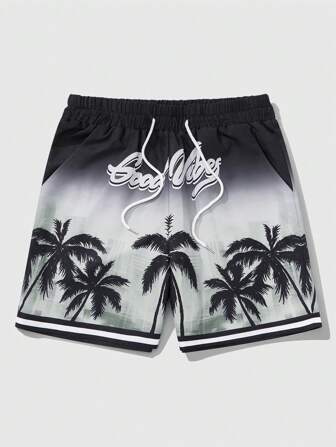 Street Life Men's Vacation Casual Gradient Coconut Tree Print Shorts, For Back To School