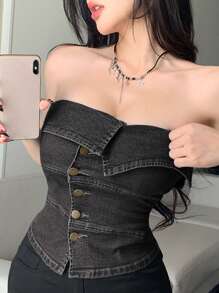 DAZY 性感修身辣妹风斜襟拼接露肩牛仔短款上衣，女款，返校季必备抹胸上衣 - 淺色水洗藍 - 查看 1