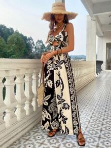 SHEIN VCAY Mono amplio de pierna ancha tejido con estampado para mujeres