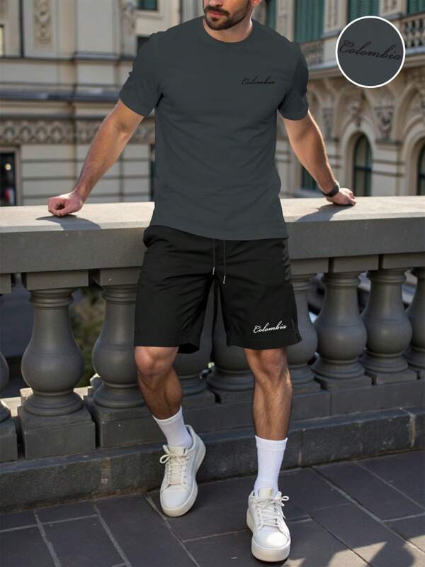 Manfinity Homme Men's Casual Letter Print T-Shirt And Shorts Set, Summer Mens Shorts Outfits Mens Summer Outfits Men S Shorts Outfits