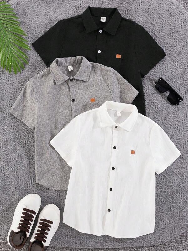 3pcs Tween Boys' Loose-Fit Casual Button Down Collared Short Sleeve Shirts Set, Versatile For School, Gathering, Party, Travel