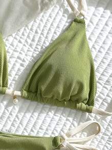Swim Vcay Set bikini sexy pentru femei, de vară, curea reglabilă, cu pandantiv cu perle, culoare simplă