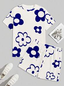 Manfinity Homme Men's Summer Letter & Floral Print Round Neck Short Sleeve Casual T-Shirt And Drawstring Waist Shorts Set Men S Summer 2 Pieces Outfits