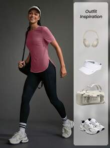 Exploreva Áo thun tập thể dục cổ tròn tay ngắn màu trơn dành cho nữ - Màu tím  Violet - Xem 4