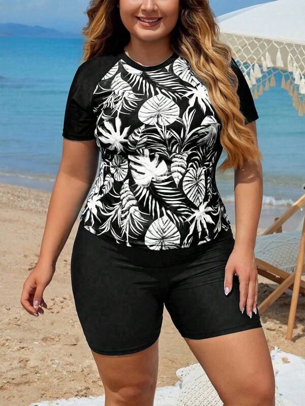 Swim Lushoire Conjunto de tankini de talla grande para mujer con mangas raglán y estampado aleatorio