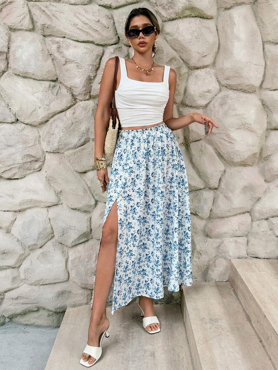 SHEIN Frenchy 女式碎花开叉下摆荷叶边长裙，夏季时尚，波西米亚风格服装 - 藍色 - 查看 1
