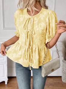 SHEIN LUNE 女士纯色编织面料纹理植物纤维前系带短款泡泡袖荷叶边下摆衬衫，适合休闲日常生活、旅行、乡村风格、波西米亚风、春夏 - 黃色 - 查看 3