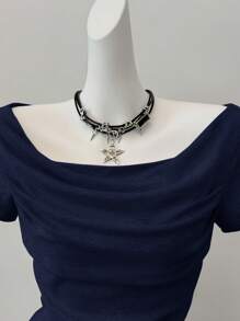 SHEIN EZwear Top court à manches courtes ajusté en tricot pour femmes, bleu marine