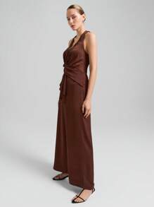 Ontre Vintage Style, Business Commute, Elegant Style, Faille Fabric, Brown Color, Halter Design, Twisted Front, Tie-Up Design, Women's Jumpsuit, Sleeveless, Spring/Summer Clothing, Everyday Wear, New Collection 2025 - Brown - View 3