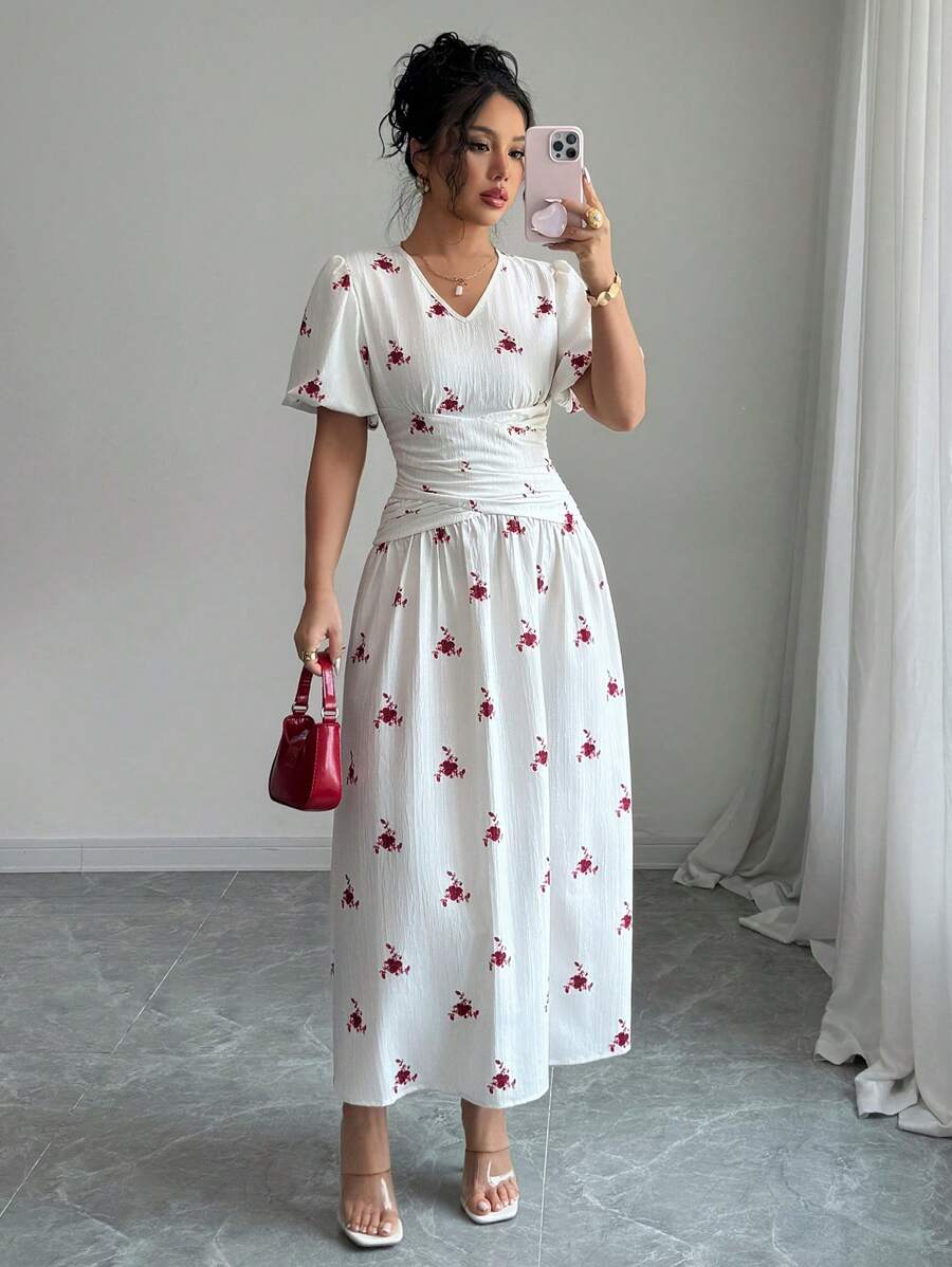 SHEIN Unity Embroidered Long Dress, French Niche Design Style, For Women In Summer - Beige - View 1