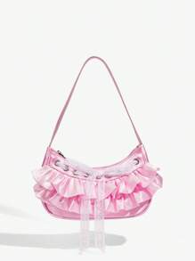 SHEIN ICON 女士单肩包，流浪包，多层蕾丝，粉色，蕾丝蝴蝶结，时尚，个性，简约，百搭，街头风，甜美酷炫女孩，辣妹，千禧一代，复古，铆钉，复古，青少年，芭蕾风格