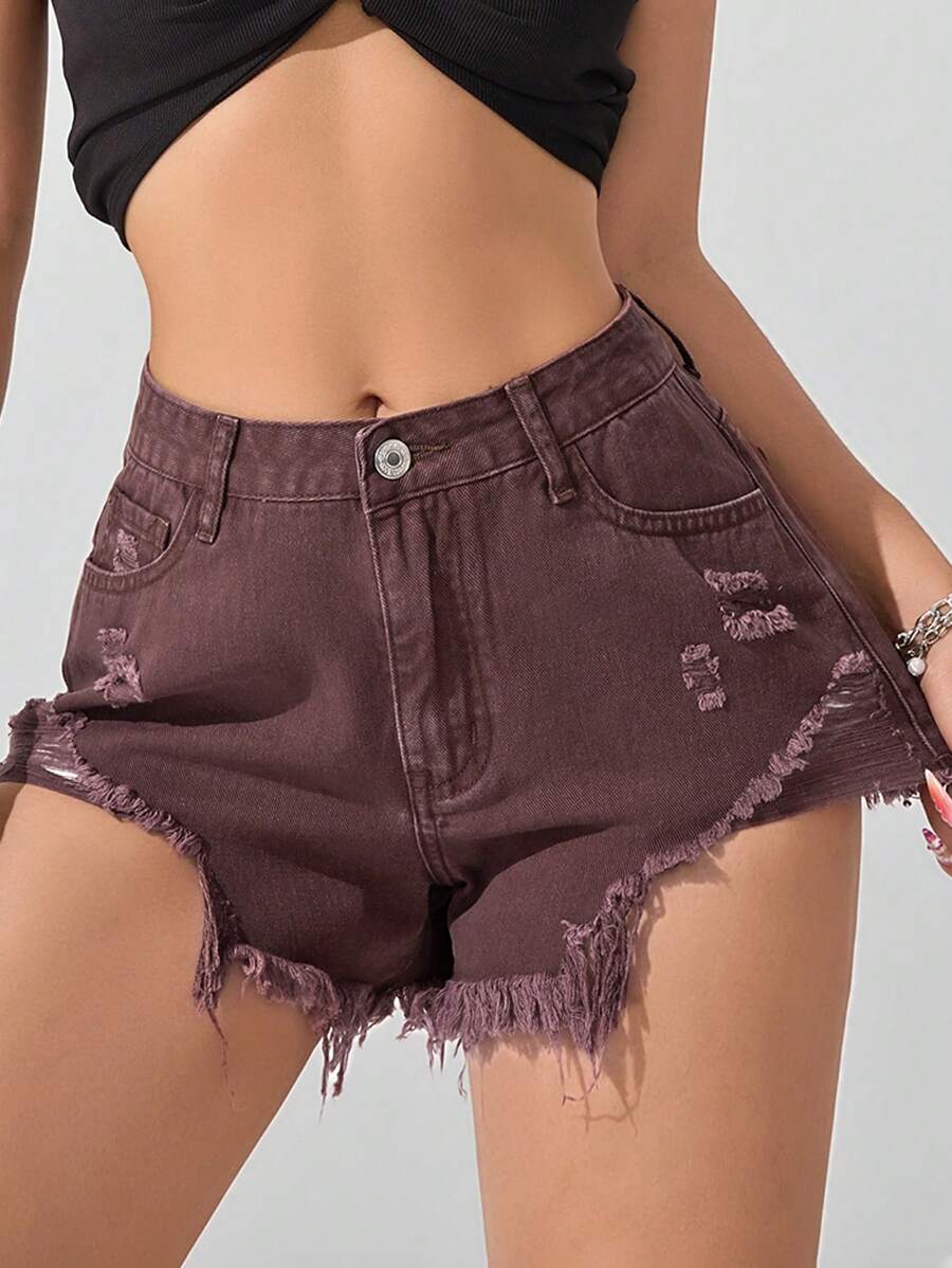 SHEIN EZwear 女式口袋做旧磨边休闲百搭牛仔短裤 - 咖啡棕 - 查看 1