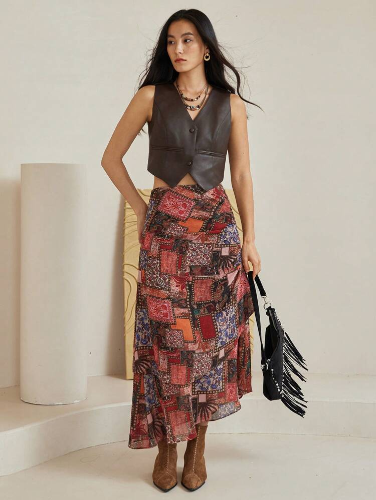 Bohemian Geometric Print Ruffle Detail Skirt For Women, Summer