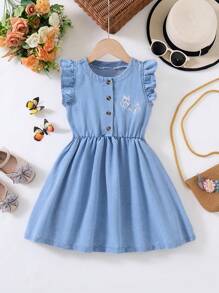 女童牛仔连衣裙，新款女童休闲短袖蝴蝶印花连衣裙，4岁、5岁、6岁女童服装套装，蓬蓬裙 - 淺色水洗藍 - 查看 2