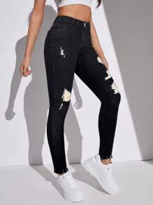 SHEIN Black Ripped Skinny Denim Jeans For Teen Girls, Featuring A High-Waisted Design, Zipper Fly, And Stylish Distressed Details Perfect For Streetwear. - Black - View 5