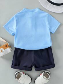 SHEIN 2 件套男婴优雅简约立领短袖 T 恤和撞色裤子套装，适合夏季 - 彩色 - 查看 2