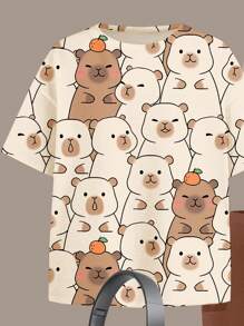 SHEIN Set de 2 piezas con camiseta de manga corta holgada y shorts con estampado tierno de capibara en color Mellard, adecuado para adolescentes y verano