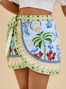 Travachic Gonna da vacanza casual con stampa tropicale e fiocco laterale, taglie grandi