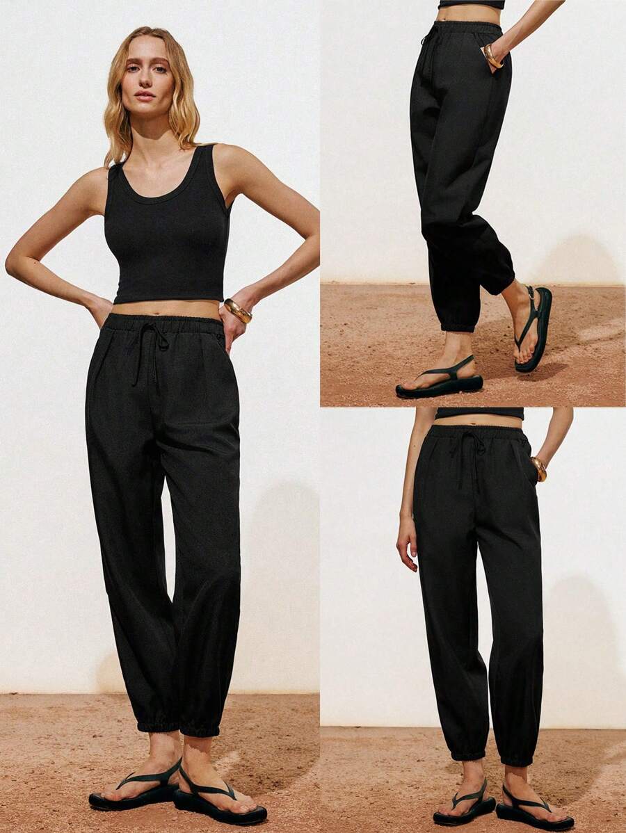 Lumivelle Pantalones largos casuales diarios de mujer con cintura con cordón y bolsillo oblicuo de unicolor