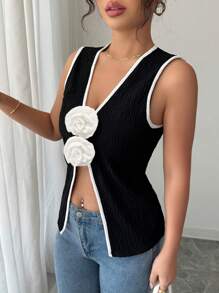 Elenzga Women's Fashion Floral Decor Slit Hem Tank Top - Black and White - View 3