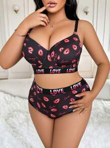 SHEIN 2pcs Plus Size Sexy Underwire Bra Set With Lip Print, Padded And Lift-Up Design For Women - Multicolor - View 4
