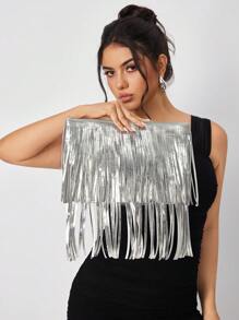 SHEIN SXY 女士时尚前卫银色流苏手拿包 - 銀色 - 查看 2