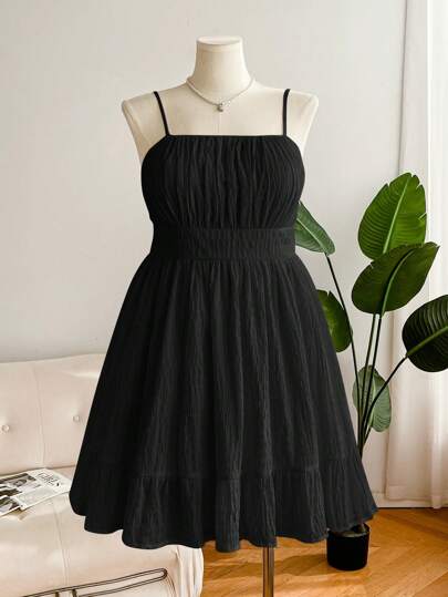 SHEIN Frenchy 大码毕业礼服白色休闲度假纹理雪纺腰部喇叭形 A 字吊带连衣裙，女士夏季连衣裙，休闲连衣裙