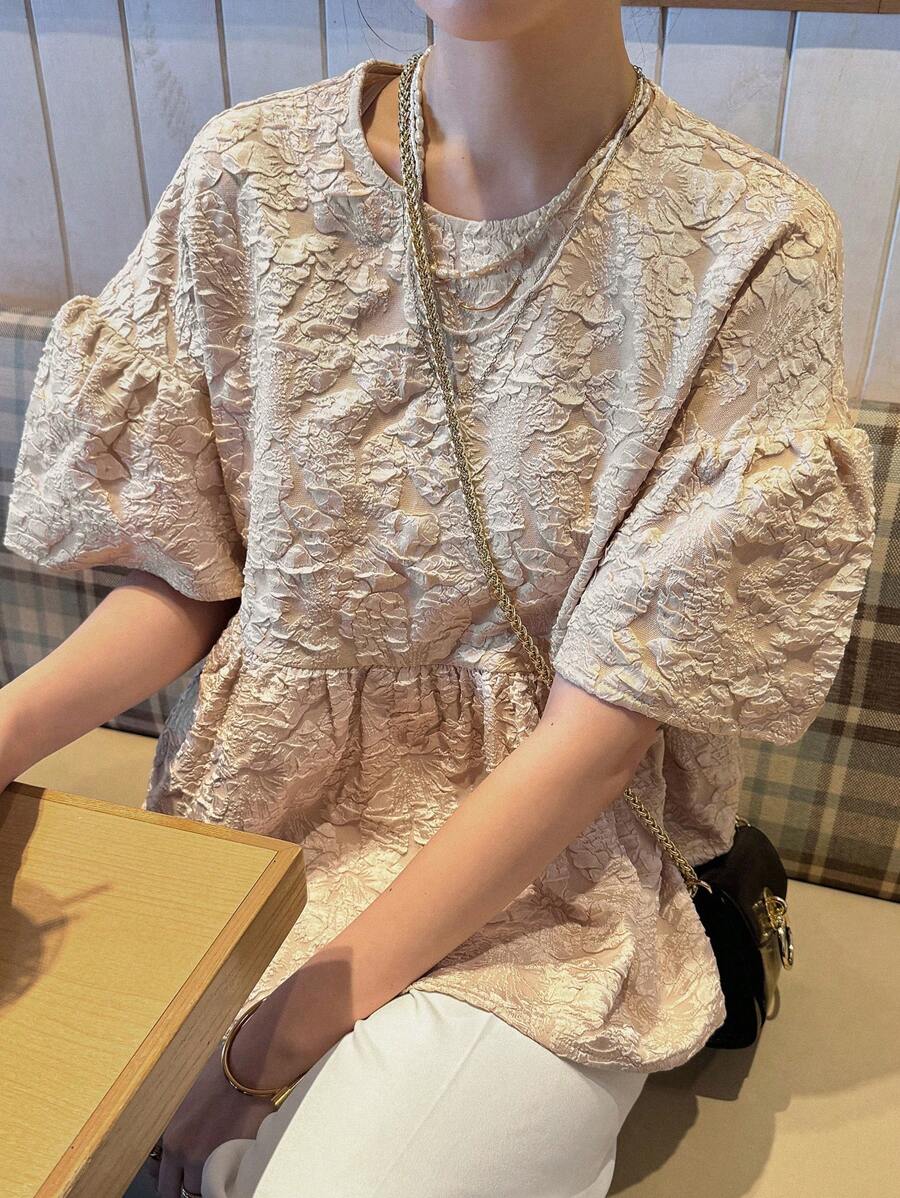 女士纹理泡泡袖衬衫，夏季服装 - 米色 - 查看 1