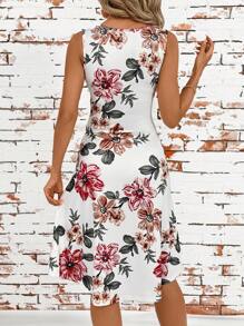SHEIN Clasi 夏季优雅花朵印花女士舒适圆领无袖褶皱腰修身连衣裙 - 彩色 - 查看 2
