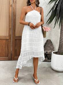 SHEIN Unity Summer Backless Long Dress, Casual Holiday Wear, Asymmetric Hem - White - View 6