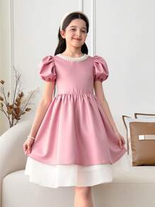 SHEIN Leap Crew Vestito elegante aderente per ragazza pre-adolescente, con collo rotondo, maniche a sbuffo e vita in vita con gonna a-line - Rosa - Visualizzare 3