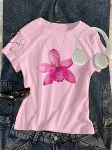 SHEIN Girls' Casual Simple Fashion Pink Flower Print T-Shirt, Suitable For Summer Wear - Pink - View 3