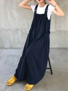 FRIFUL 女式纯色宽松双口袋超长吊带连衣裙，春夏 - 藏蓝色 - 查看 2