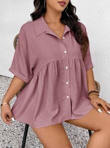 SHEIN Frenchy Women Plus Size Front Open Design Textured Fabric Comfortable Casual Short Sleeve Blouse, Suitable For Spring/Summer Women Spring Tops Summer Women Tops Elegant Women Dresses - Dusty Pink - View 6