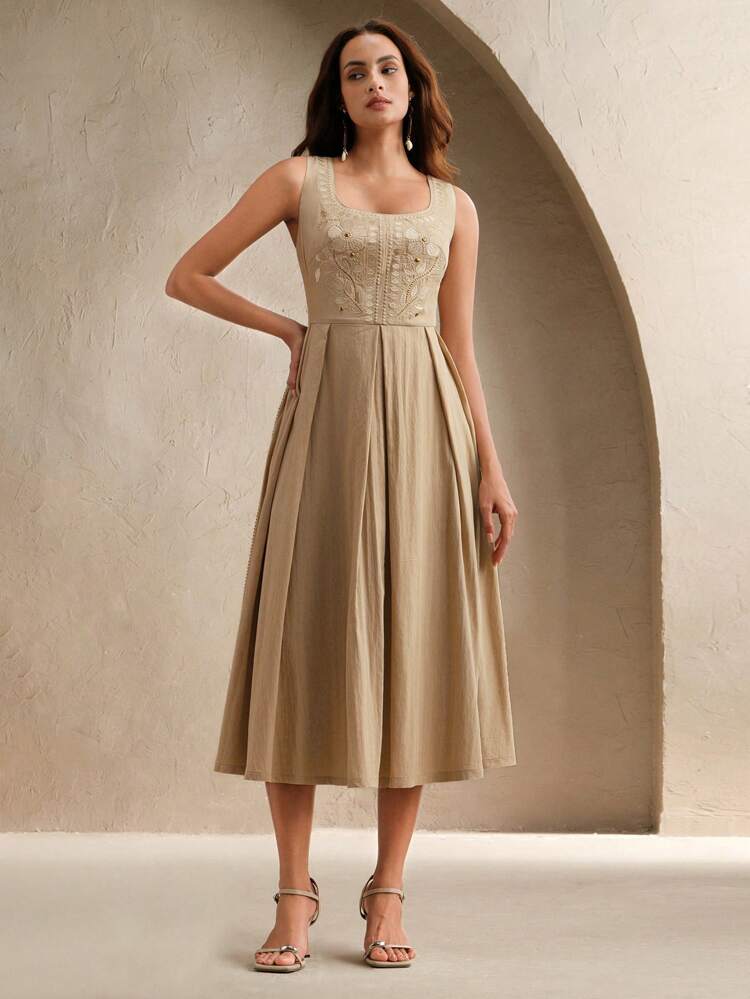 New Spring/Summer Vacation Casual Bohemian Style Embroidered Rivet Decor Lace Hollow-Out Hem Sleeveless Dress