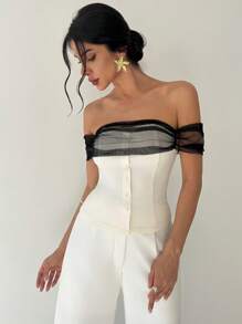 Firerie 女士优雅休闲单肩格纹印花撞色纽扣衬衫，适合通勤、日常穿着、音乐节、度假