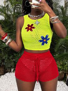 Slaydiva Women's Summer Cute Holiday Vacation Lime Green Woolen Vest&Red Mini Wavy Edge Shorts Set,Round Neck Sleeveless Flower Patch Embroidered 2 Piece Set - Multicolor - View 10