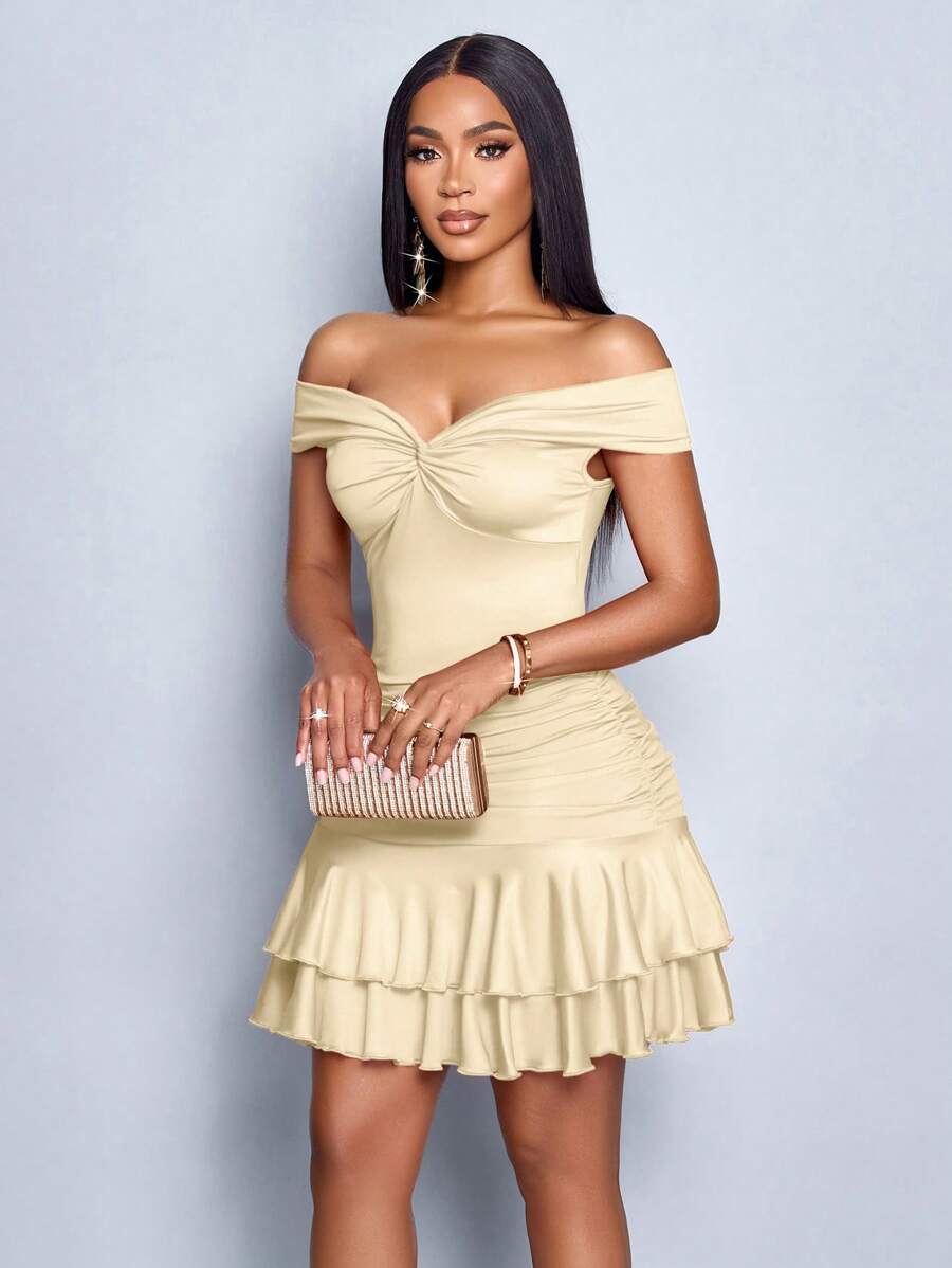 SOLERSUN Women Spring Summer Solid Color Elegant Party Vacation & Dating Off Shoulder Center Front Chest Knot Side Sleeveless Double Ruffled Mini Dress - Apricot - View 1