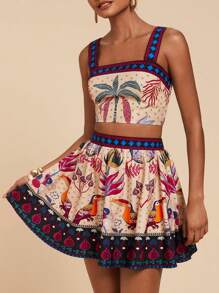 Travachic 2pcs/Set Women's Cami Summer Tops And Mini Skirt Set, Minimalist Fashion Style For Summer,Tropical Vacation Women Clothes,Summer Outfits For Women