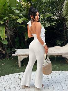 SHEIN SXY Plus Size Women's Vacation White Patchwork Fringe Design Waist Cutout Halter Jumpsuit,Suitable For Music Festival, Gatherings, Vacation, Clubs, Suitable For Banquet, Feast, Urban, Versatile, Cruise Attire, Vintage, Concert, Carnival, Outing, Richly Layered, Holiday, Date Night, Gathering, Birthday, Cocktail, Formal Event, Valentine's Day,Elegant Dresses For Women,Holiday Dress,Casual Dresses,Spring & Summer - White - View 2