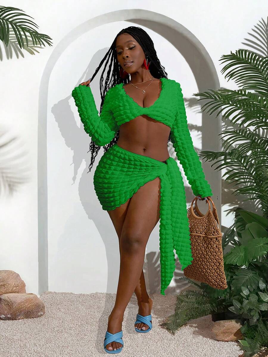 Slaydiva 2025 Summer New Music Festival, Easter, Western, Nomadic, St. Patrick's Day, Birthday Party, Graduation, Student Wear, Daily Casual, Vacation, Cruise Travel, Beach, Sunbathing, Fashionable White Women 2pcs Set With Tie Strap Texture Curvy Two Piece Set Green Two Piece Set Resort Wear Curve Beach Skirt Set Curve Swimsuit Cover Up